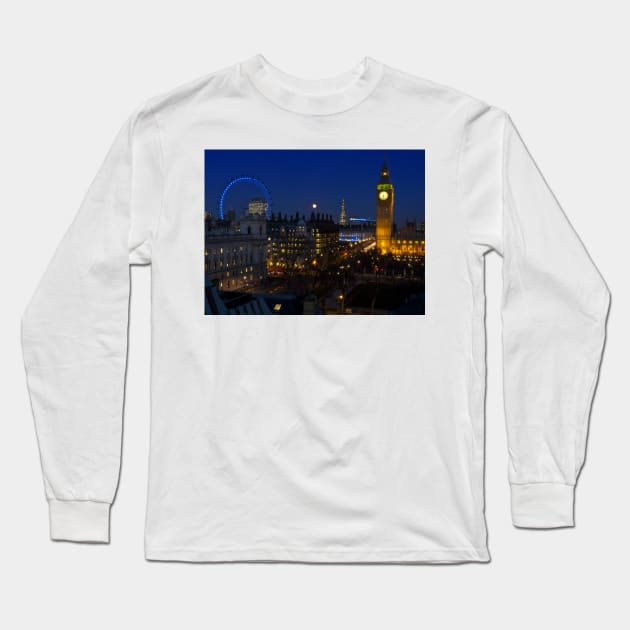 London eye and Big Ben by night, London, England Long Sleeve T-Shirt by GrahamCSmith